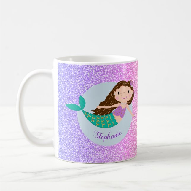Niedlich Mermaid Rainbow Glitzer Personalisiert Kaffeetasse (Links)