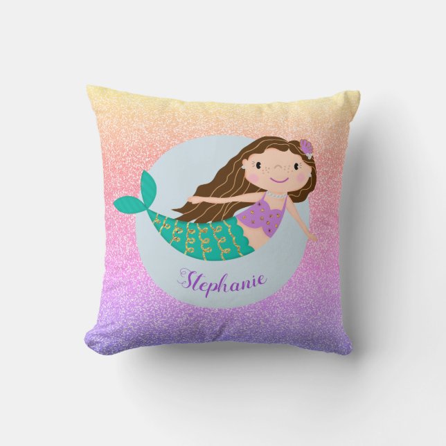 Niedlich Mermaid Rainbow Glitzer Personalisiert Kissen (Vorderseite)