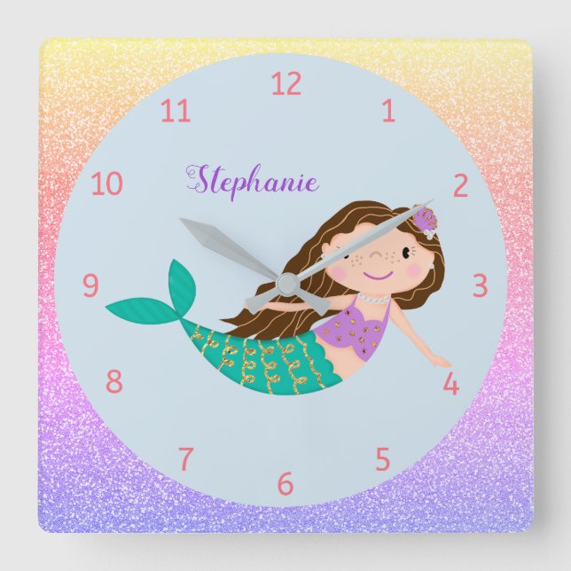 Niedlich Mermaid Rainbow Glitzer Personalisiert Quadratische Wanduhr (Vorderseite)