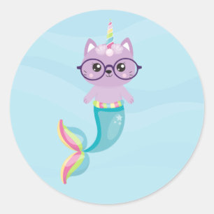 Niedlich Mermaid Rainbow Unicorn Lila Kat Runder Aufkleber