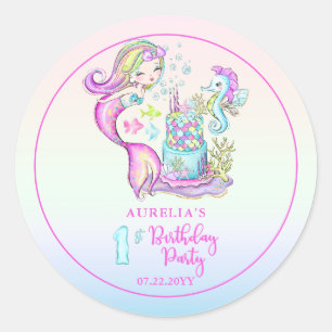 Niedlich Mermaid   Sea Girl's 1st Birthday Party Runder Aufkleber