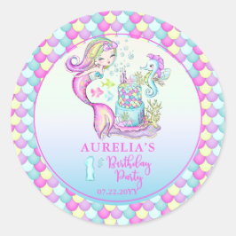 Niedlich Mermaid | Sea Girl's 1st Birthday Party Runder Aufkleber