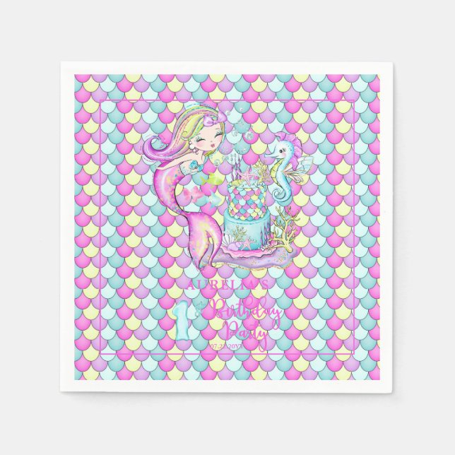 Niedlich Mermaid | Sea Girl's 1st Birthday Party Serviette (Vorderseite)