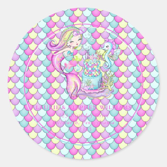 Niedlich Mermaid | Sea Girl's Birthday Rücksendead Runder Aufkleber (Vorderseite)