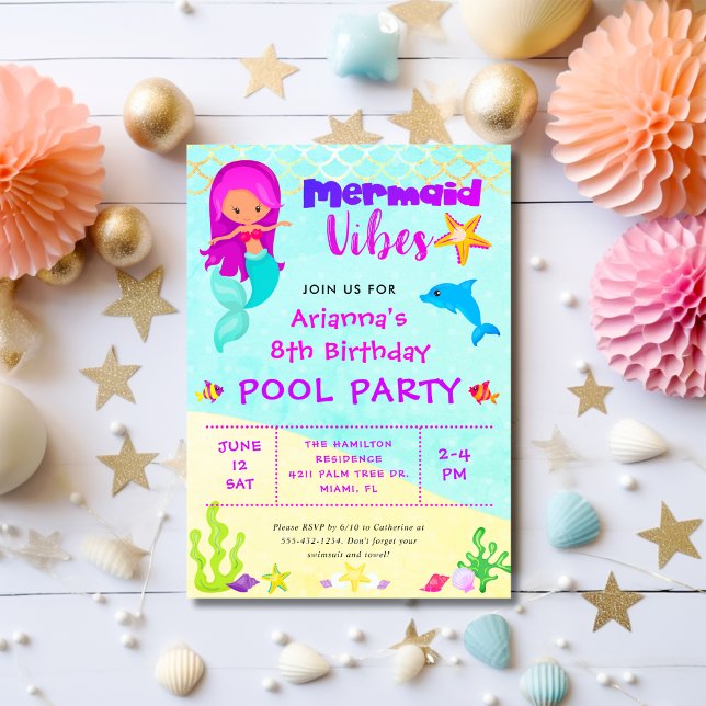 Niedlich Mermaid Vibes Birthday Pool Party Einladung (Von Creator hochgeladen)