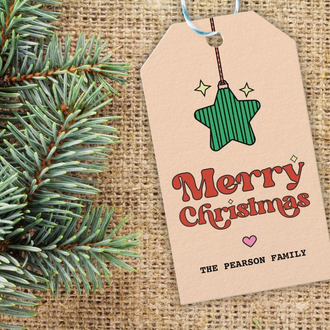 Niedlich Merry Christmas Line Muster Star Ornament Geschenkanhänger (cute retro sparkly green star ornament merry christmas gift tag)