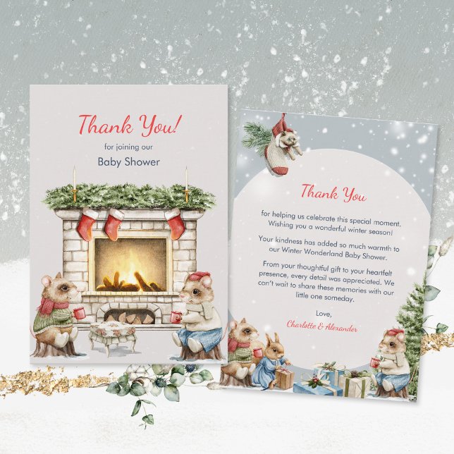 Niedlich Mice Cosy Winter Tee Party Babydusche Dankeskarte (Cute Mice Cozy Winter Tea Party Baby Shower Thank You Card ©Susanne Sachers - Sunny Mind Design 🌞)