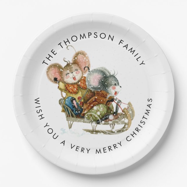 Niedlich Mice Sleigh Frohe Weihnachten Pappteller (Vorderseite)