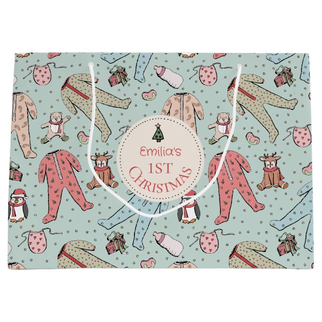 Niedlich Mint Green Baby's First Christmas Custom Große Geschenktüte (Vorderseite)