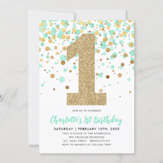 Niedlich Mint Green Gold Glitzer Confetti 1. Gebur Einladung