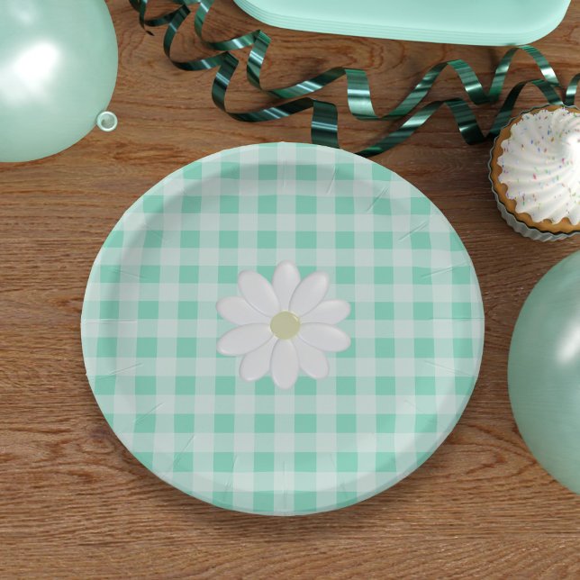 Niedlich Minze Green Gingham Karo Daisy Paper Tell Pappteller (Perfect paper plates for picnics in the park or birthday celebrations)