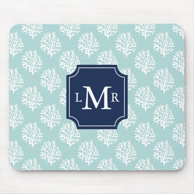 Niedlich Minze Sommermuster und blaues Monogramm Mousepad (Vorne)