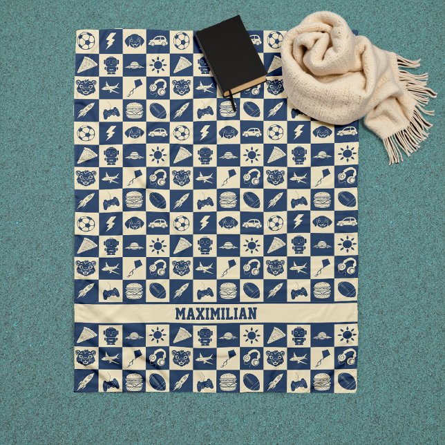 Niedlich Modern Blue Checkered Icons Muster Boy's Fleecedecke (Von Creator hochgeladen)