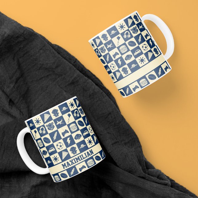 Niedlich Modern Blue Checkered Icons Muster Boy's Kaffeetasse (Von Creator hochgeladen)