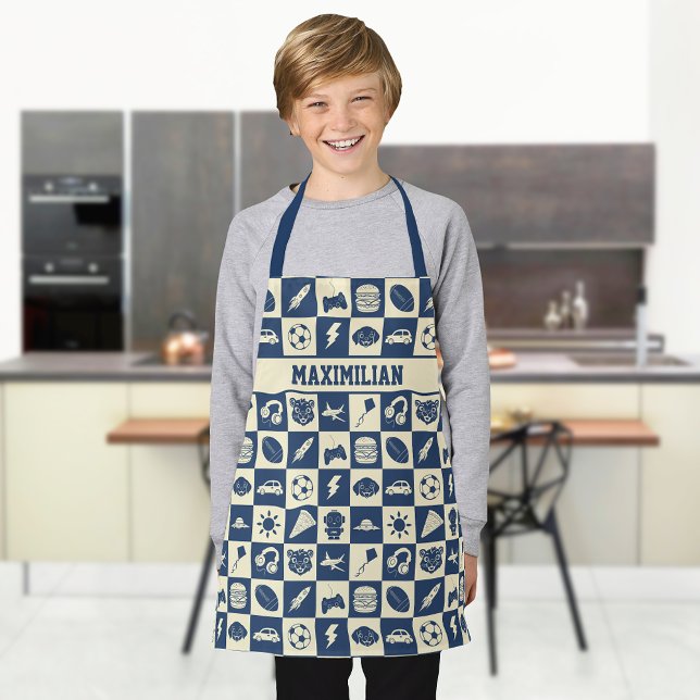 Niedlich Modern Blue Checkered Icons Muster Boy's Schürze (Von Creator hochgeladen)