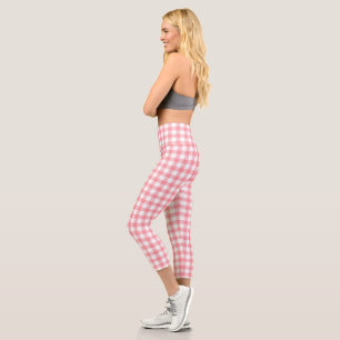 Niedlich Modern Girly White Pink Gingham Kariert Capri Leggings