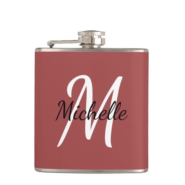 Niedlich Modern Minimal Red Monogram Name + Initia Flachmann (Vorderseite)