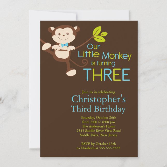 Niedlich Modern Monkey 3. Geburtstag Party Einladu Einladung (Vorderseite)