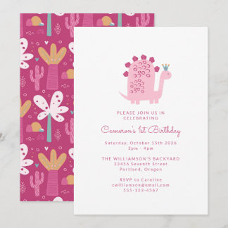 Niedlich-Modern-Pink-Dinosaurier 1. Geburtstag Einladung