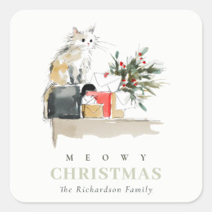 Niedlich Modern Watercolor Meowa Weihnachtsgeschen Quadratischer Aufkleber