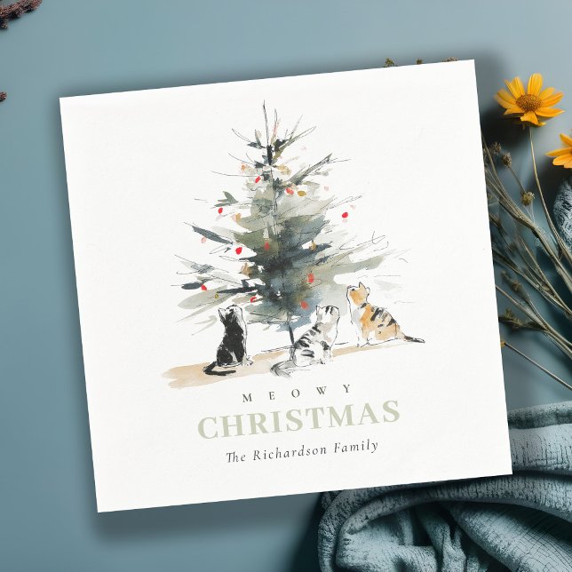 Niedlich Moderne Aquarellfarbe Weihnachtsbaumkatze Serviette (Von Creator hochgeladen)