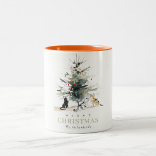 Niedlich Moderne Aquarellfarbe Weihnachtsbaumkatze Zweifarbige Tasse