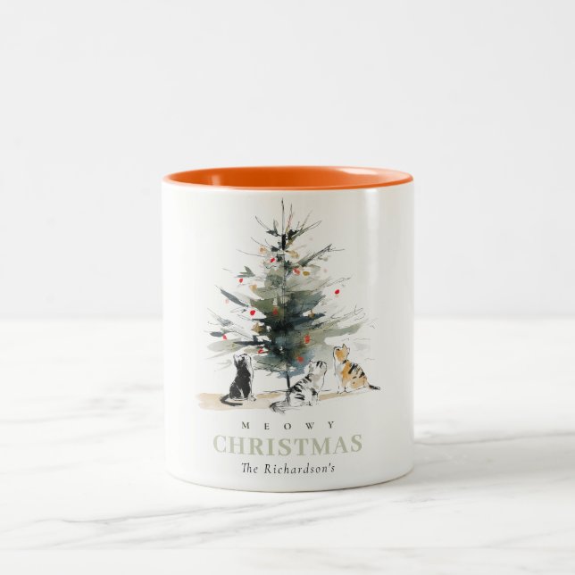 Niedlich Moderne Aquarellfarbe Weihnachtsbaumkatze Zweifarbige Tasse (Mittel)