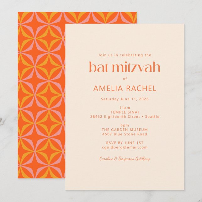 Niedlich moderne orange Retro Typografie Bat Mitzv Einladung (Vorne/Hinten)