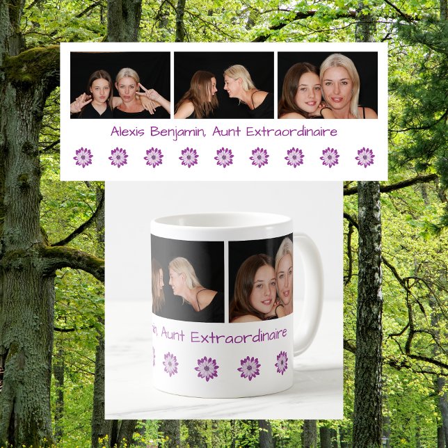 Niedlich Moderne Tante Extraordinaire Name BAE Fot Kaffeetasse (Aunt Extraordinaire. Personalized name + 3 photos BAE mug. Cute, modern Mother's Day birthday gift)