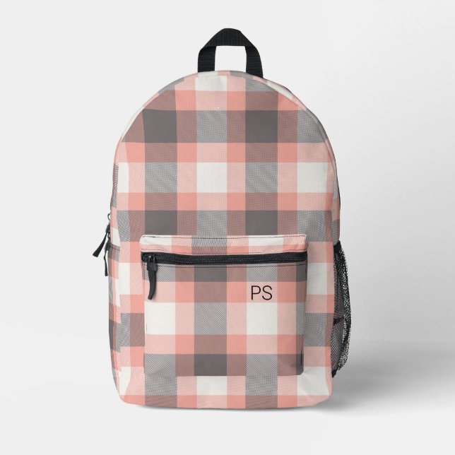Niedlich Moderner Peach Karo Kariert Monogramm Ini Bedruckter Rucksack (Vorderseite)
