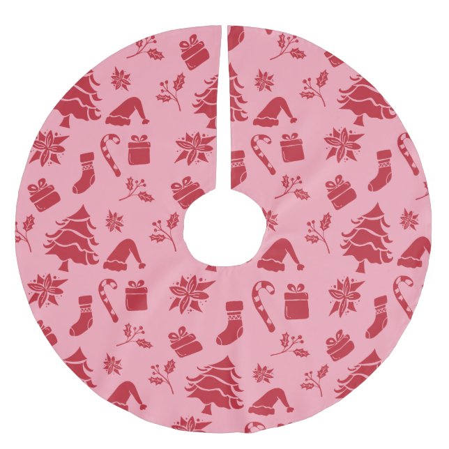 Niedlich Modernes Rosa Rotes Weihnachtsmuster Polyester Weihnachtsbaumdecke (Vorderseite)