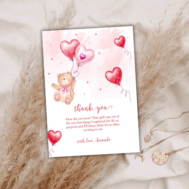 Niedlich Modernes Teddy Bären Herzchen Ballon Baby Dankeskarte (Cute Modern Teddy Bear Heart Balloon Baby Shower Thank You Card)