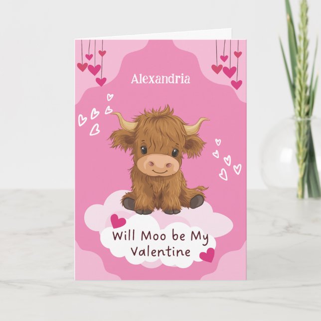 Niedlich Moo Highland Cow Valentine Feiertagskarte (Vorderseite)