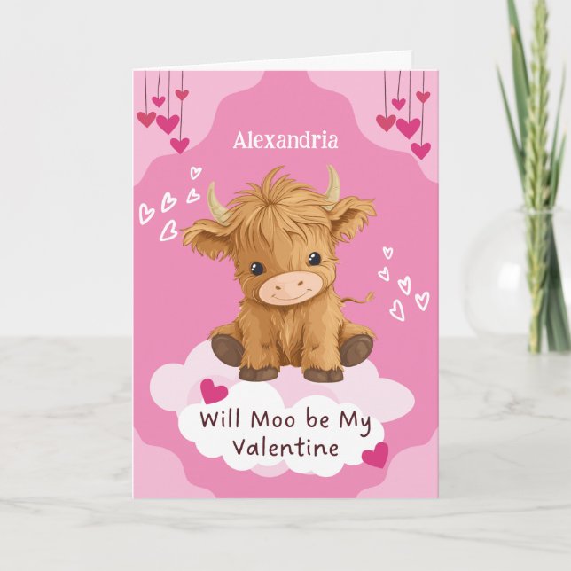 Niedlich Moo Highland Cow Valentine Feiertagskarte (Vorderseite)