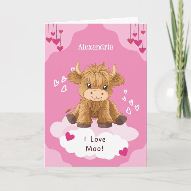 Niedlich Moo Highland Cow Valentine Feiertagskarte (Vorderseite)
