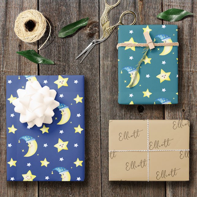 Niedlich Moon and Stars Muster Blue Baby Dusche Geschenkpapier Set (Von Creator hochgeladen)