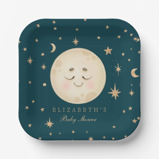 Niedlich Moon und Star Navy Babydusche Pappteller (Vorderseite)