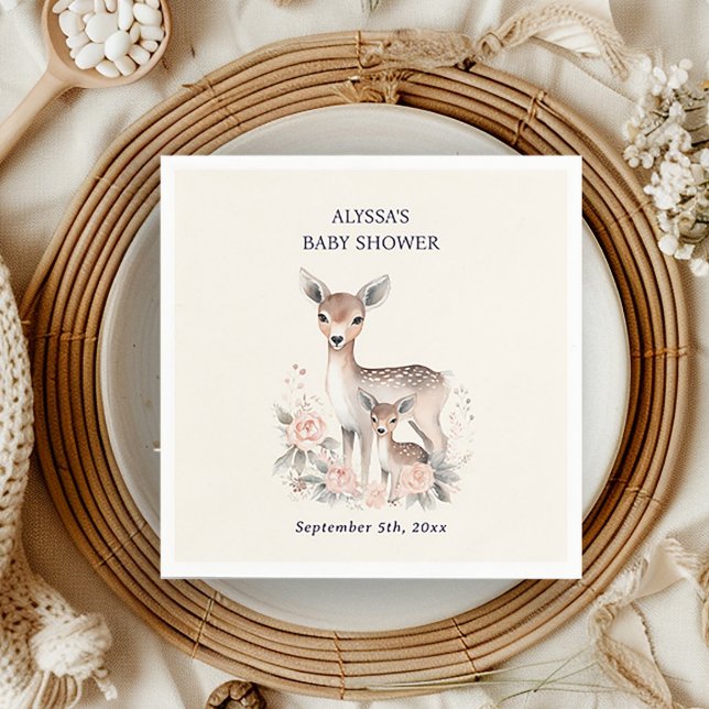 Niedlich Mother Baby Deer Baby Girl Dusche Napkins Serviette (Cute deer baby shower paper napkin, personalized with the name of the mother-to-be.)