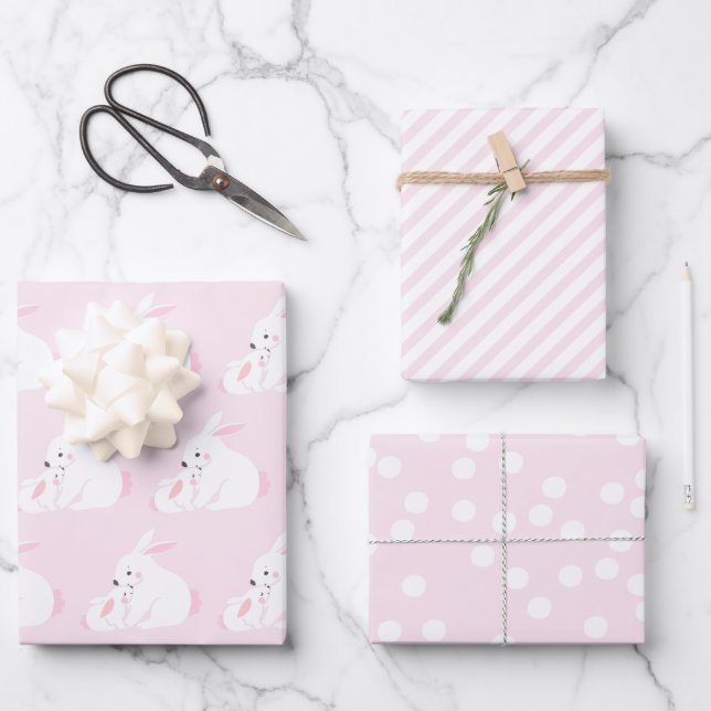Niedlich Mother & Baby Girl Bunny | Rosa Geschenkpapier Set (Vorderseite)