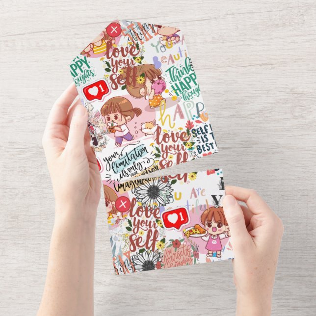 Niedlich Motivierend - Positives Zitat Kawaii All In One Einladung (Abreißtisch)