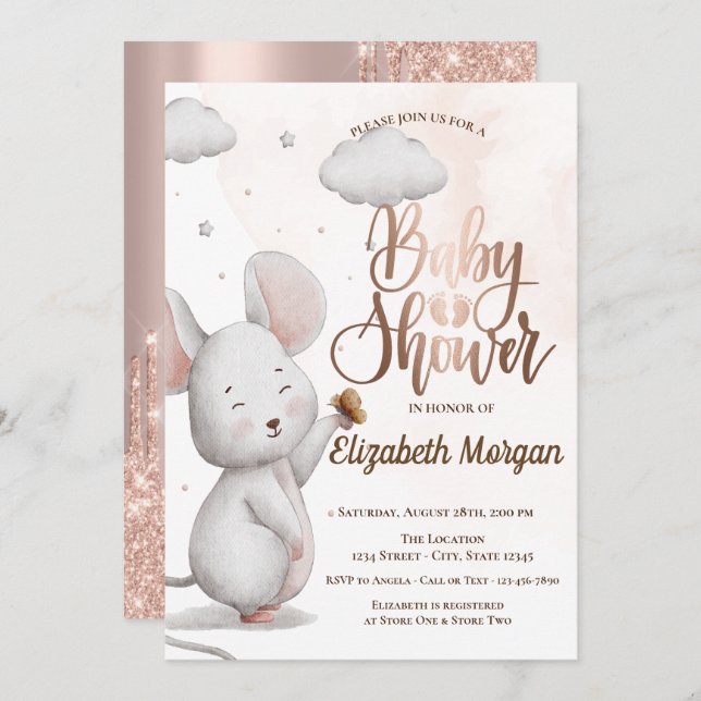 Niedlich Mouse Rose Gold Glitzer Tropfen Babydusch Einladung (Vorne/Hinten)
