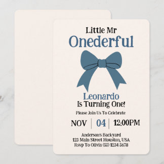 Niedlich Mr Onederful Blue Bow Boy 1. Geburtstag Einladung