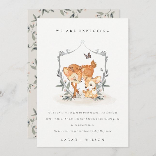 Niedlich Mum Deer Fawn Floral Wappen Kinderankündi Dankeskarte (Vorne/Hinten)