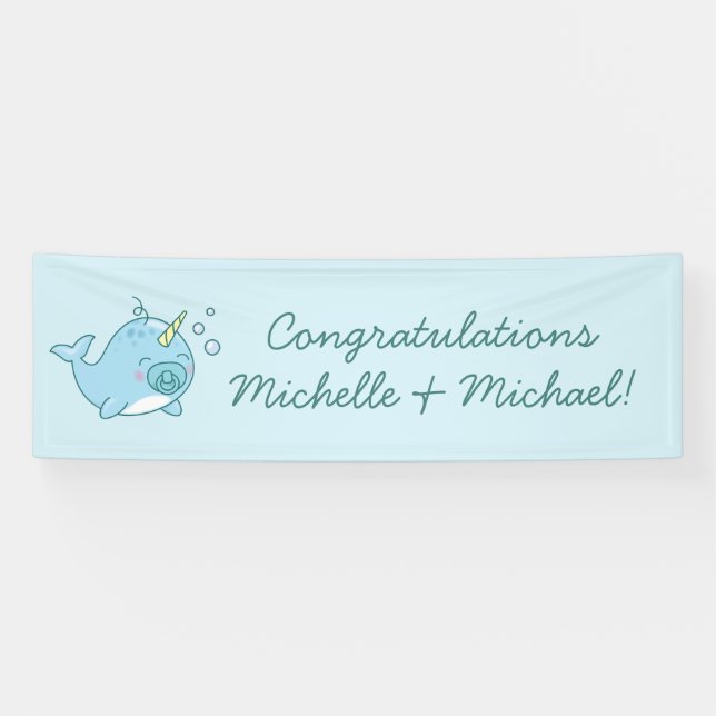 Niedlich Narwhal Baby Shower Kawaii Blue Boy Banner (Horizontal)