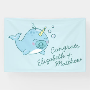Niedlich Narwhal Baby Shower Kawaii Blue Boy Banner
