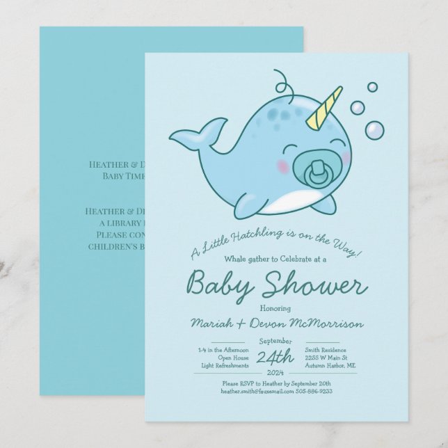 Niedlich Narwhal Baby Shower Kawaii Blue Boy Einladung (Vorne/Hinten)
