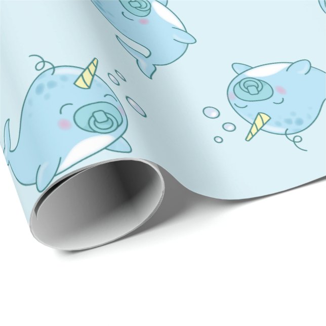 Niedlich Narwhal Baby Shower Kawaii Blue Boy Geschenkpapier (Rolleneckpunkt)