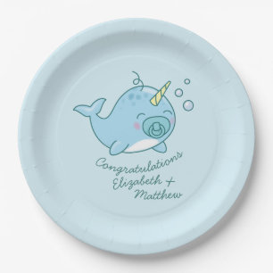 Niedlich Narwhal Baby Shower Kawaii Blue Boy Pappteller