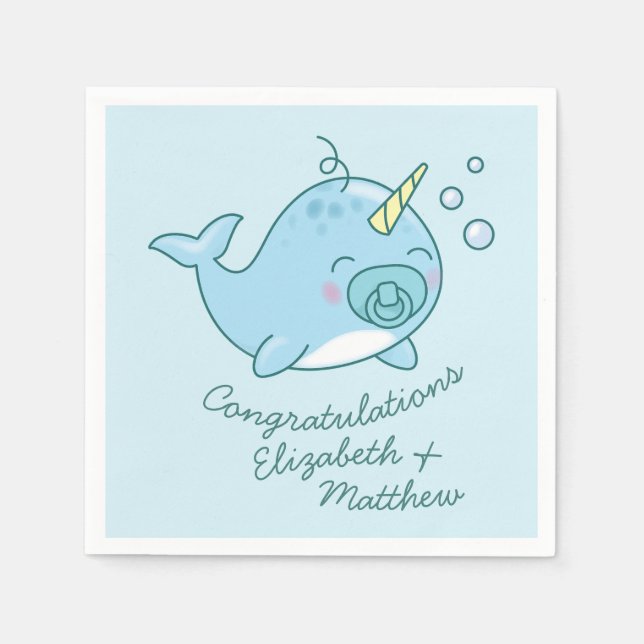 Niedlich Narwhal Baby Shower Kawaii Blue Boy Serviette (Vorderseite)