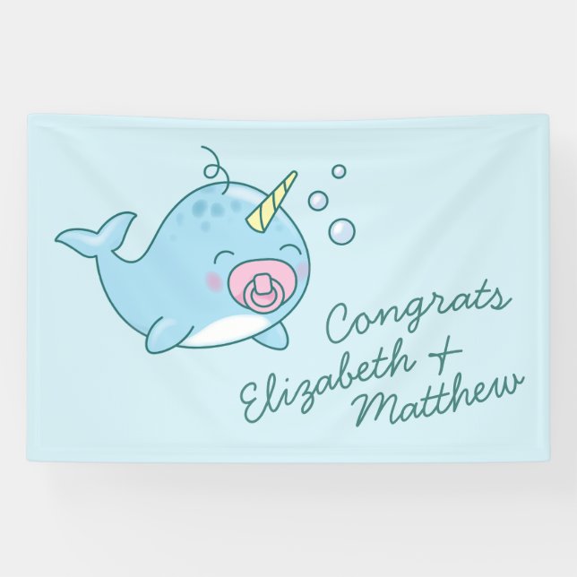Niedlich Narwhal Baby Shower Kawaii Pink Girl Banner (Horizontal)